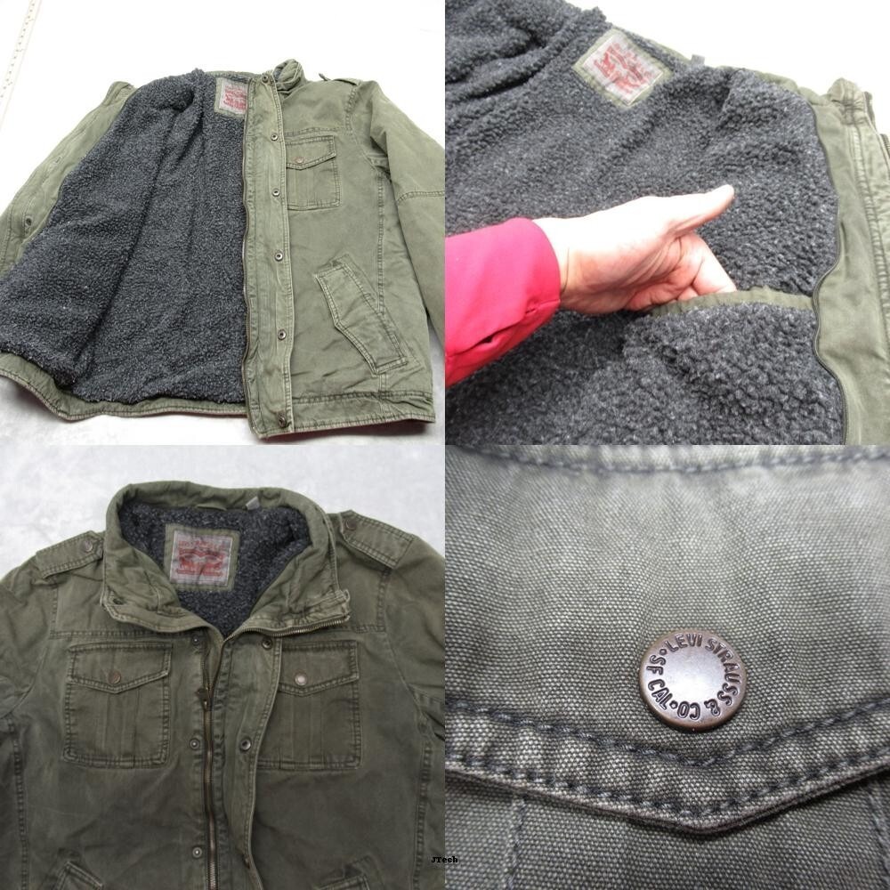 Levis Jacket Men Large Green Canvas Insulated Rugged Sherpa Lined Snap Zip Front